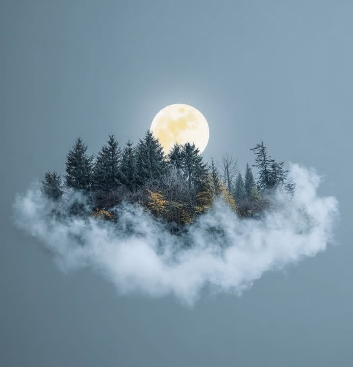 A stunning surreal view of moonlight over pine trees surrounded by mist — symbolizing the peaceful charm of Kashmir’s valleys. Perfectly captures the beauty of Srinagar, Gulmarg, and Pahalgam under a calm night sky.