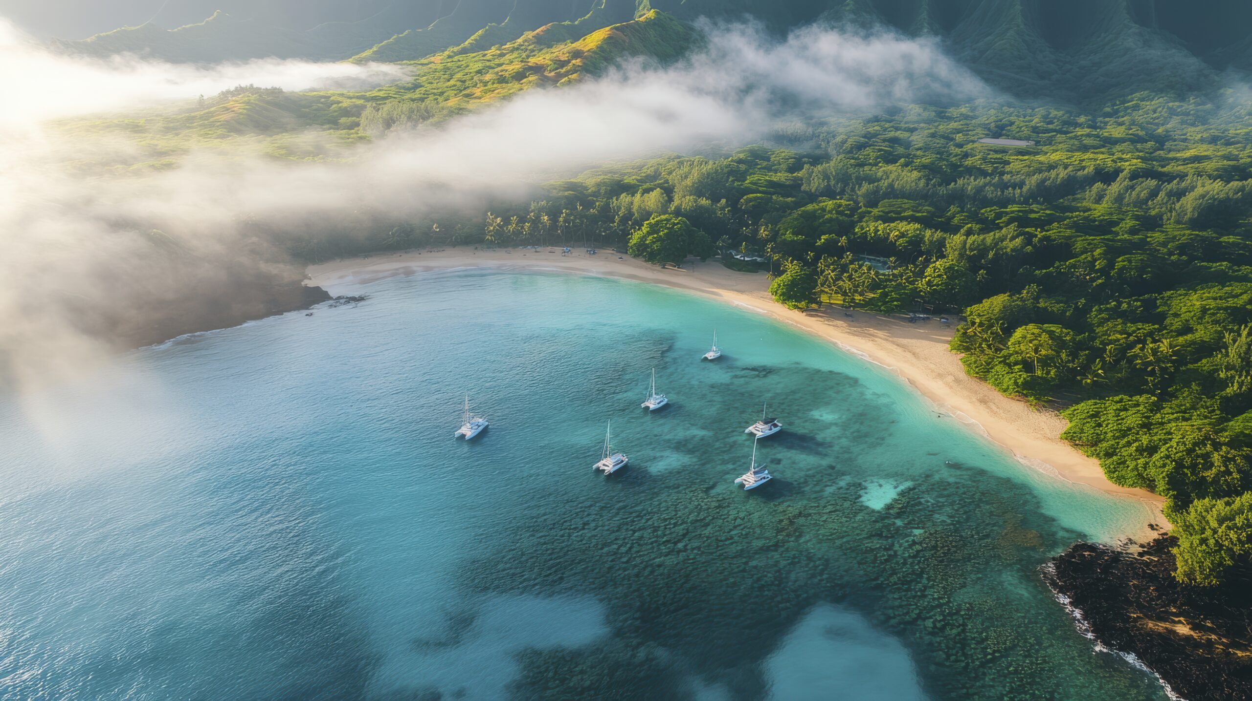 The picture beautifully captures an aerial view of a pristine Andaman beach — golden sands meeting turquoise waters, surrounded by lush tropical greenery and morning mist rolling over the hills. Several white yachts are anchored in the crystal-clear bay, symbolizing peace, leisure, and exclusivity — a perfect scene of island bliss.