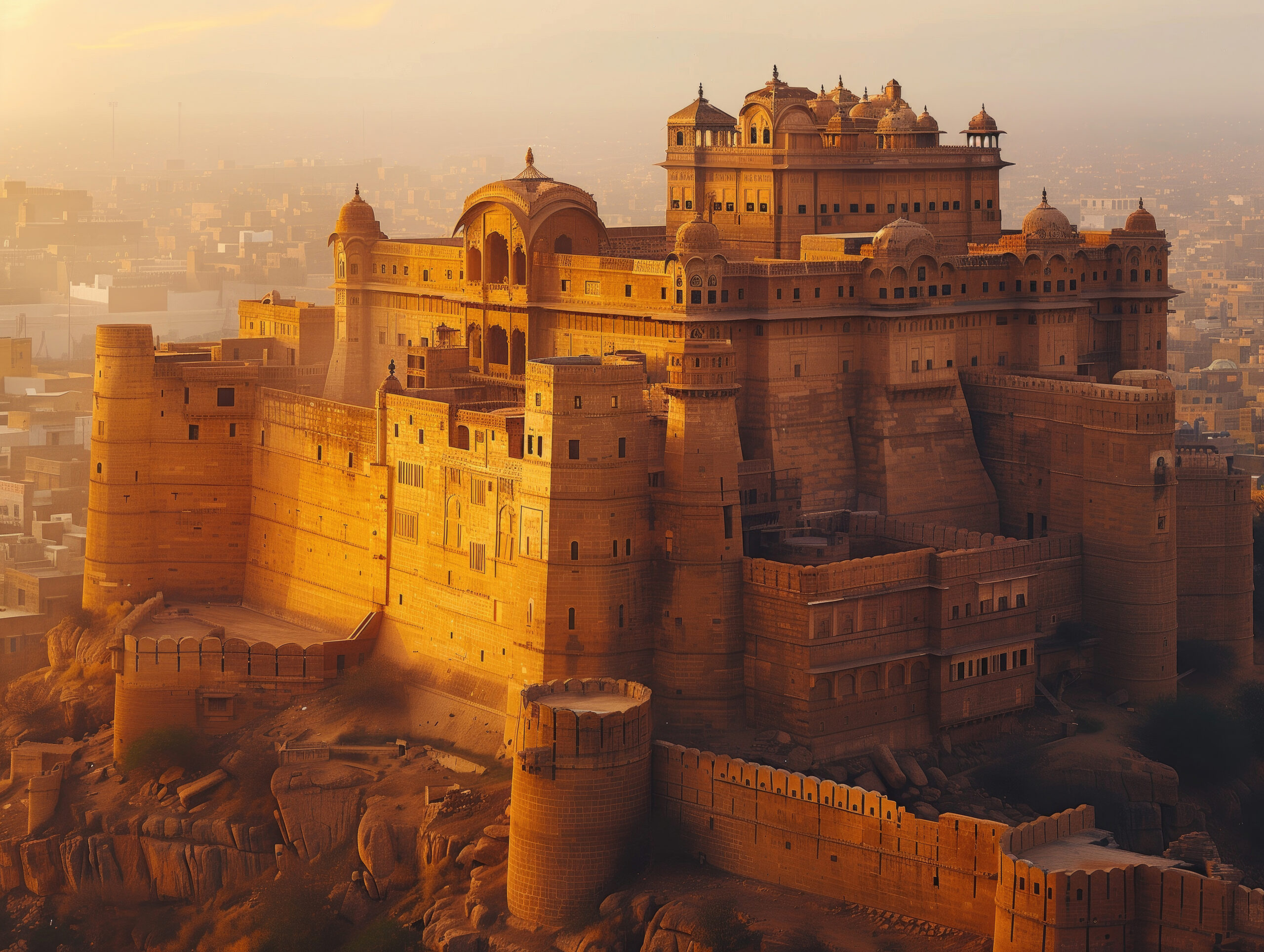 This captivating image showcases a grand Rajasthani fort bathed in the warm golden light of the desert sunset. The massive sandstone walls, domed pavilions, and intricate architecture reflect the royal heritage and timeless craftsmanship of Rajasthan’s bygone era. Surrounded by the vast expanse of the desert city, the fort stands as a living symbol of India’s regal past and architectural brilliance.