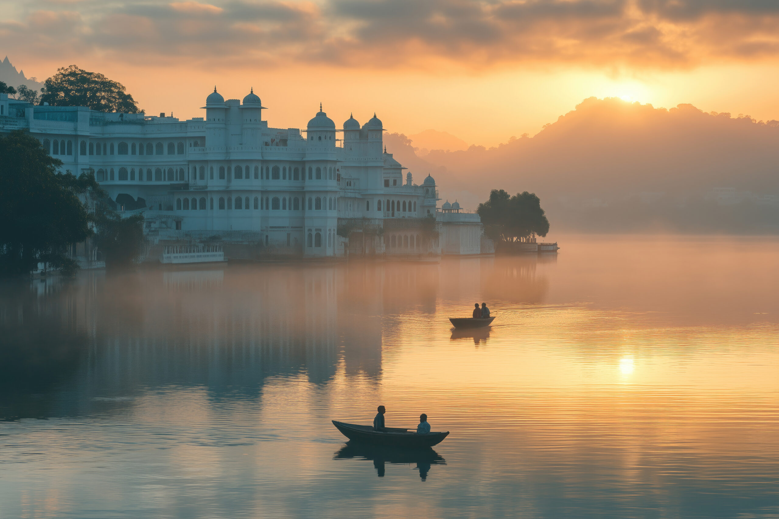 A soft golden sunrise casts a warm glow over a peaceful lake, with gentle mist rising from the water. A grand white palace-style building stands along the lakeside, reflecting beautifully in the calm surface. Small wooden boats glide quietly across the water, adding to the serene and timeless atmosphere.