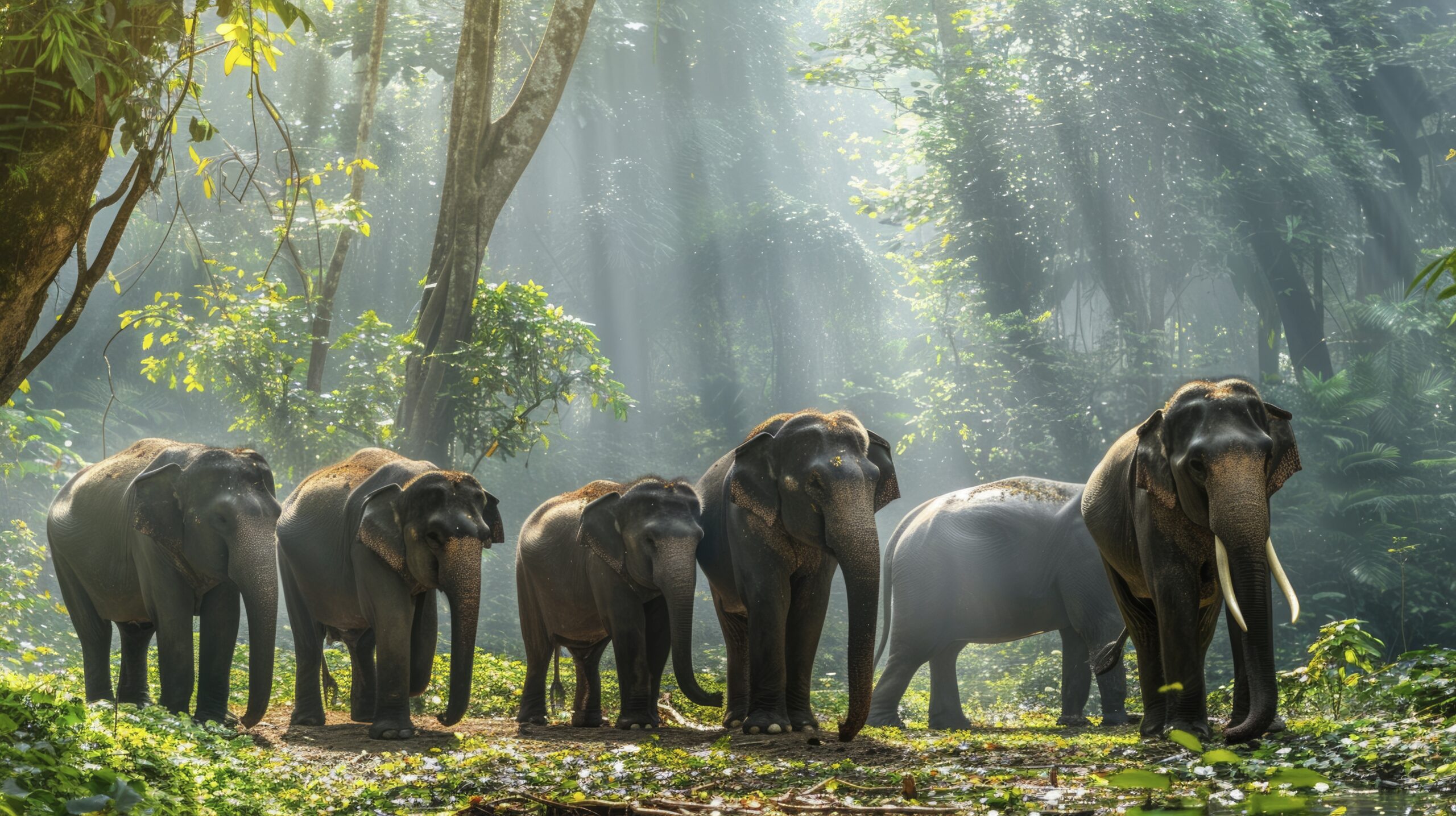 A herd of elephants stands together in a lush forest clearing, surrounded by tall trees and dense green vegetation. Soft sunlight filters through the canopy, creating dramatic beams of light that illuminate the scene and highlight the elephants’ natural textures.